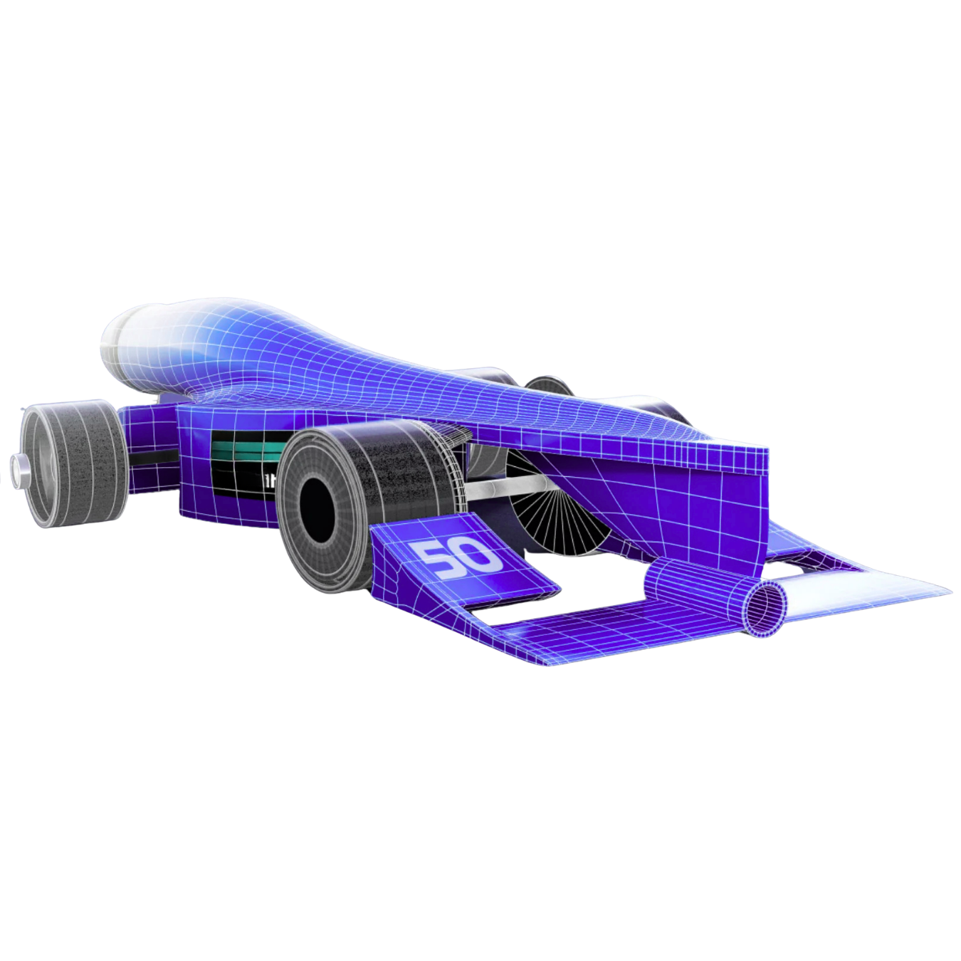 A CAD render of a violet STEM Racing car, with its surface mesh showing