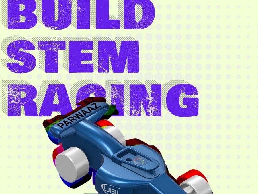 E47 Ventures Instagram post: Design, build, STEM Racing — a rendered racing car model